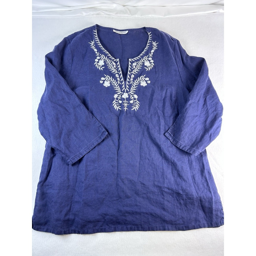 VTG Susan Bristol Navy Linen Embroidered Tunic Top Boho Resort Coastal‎ Chic L